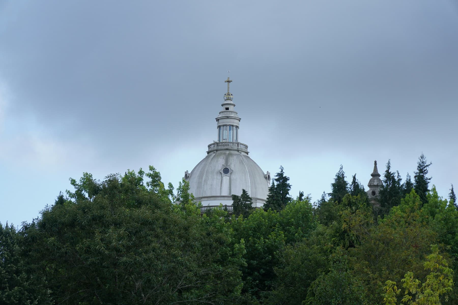 The domed Sanctuary of Sameiro rising above trees in Braga