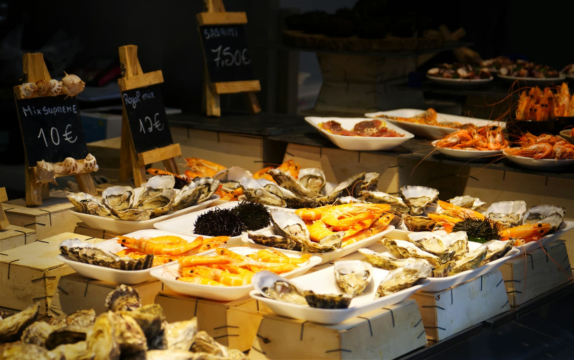 Fresh seafood displayed at a market in Porto