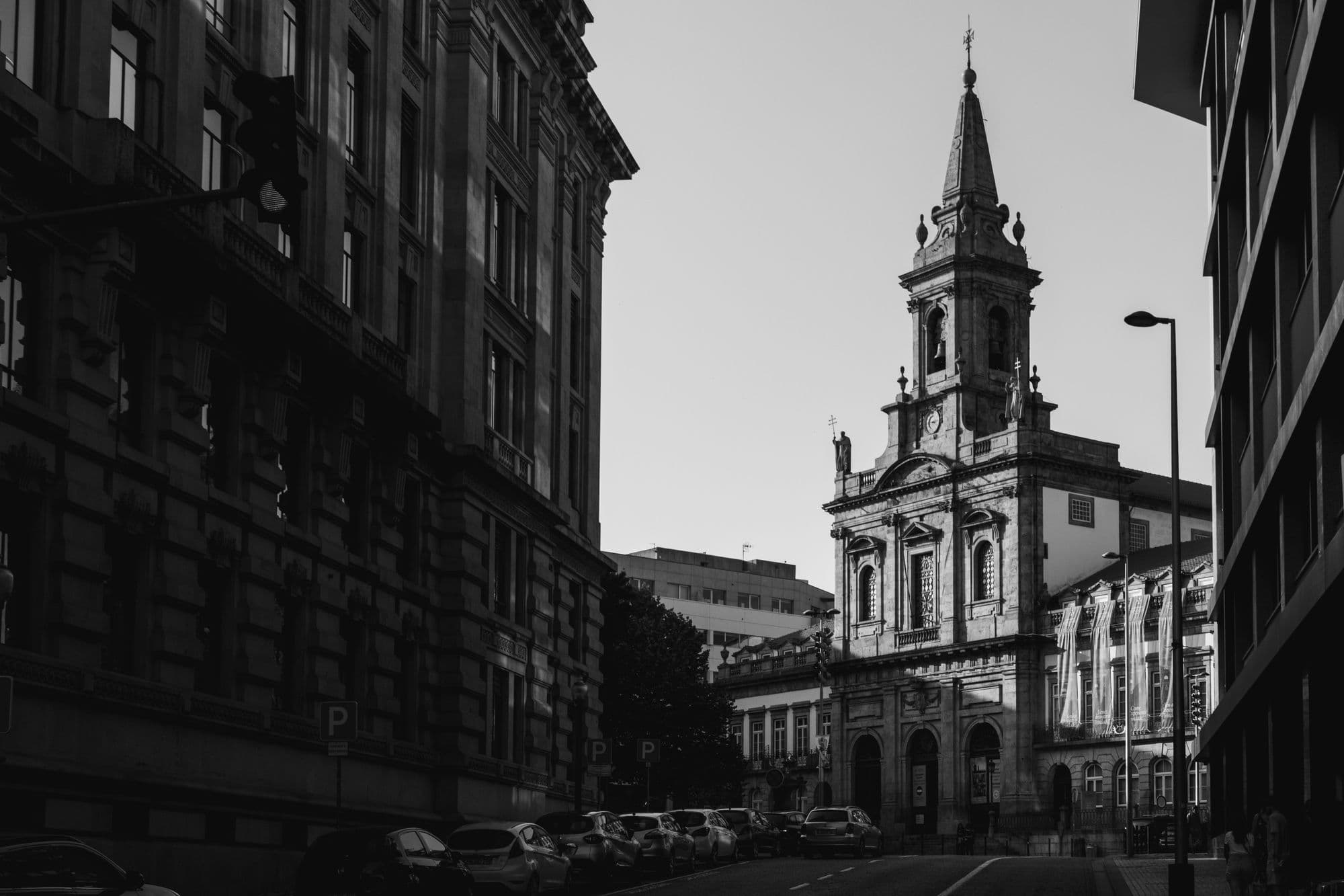 Historic church and urban street in Porto