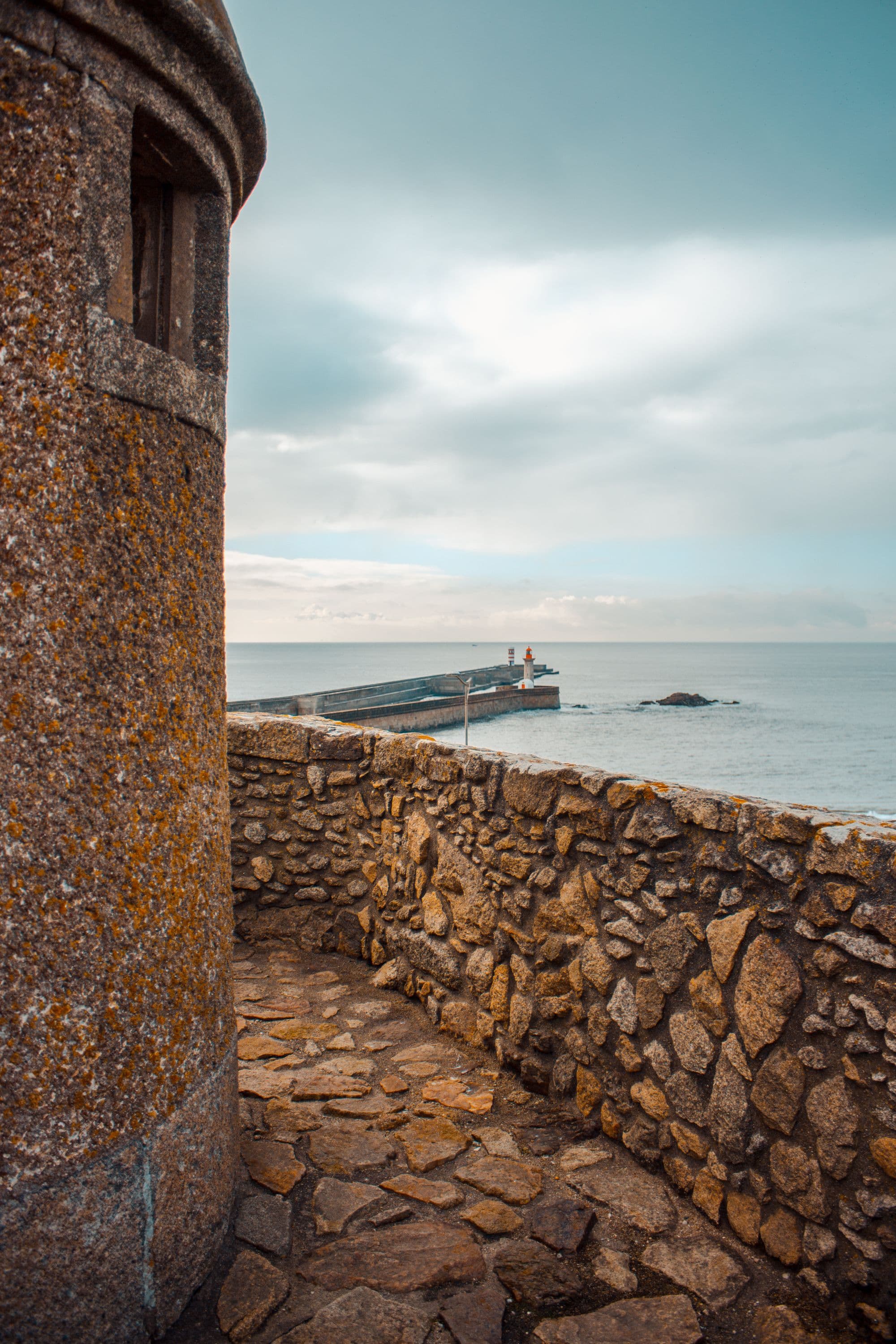 Felgueiras Lighthouse seen from the stone fortifications at Foz do Douro