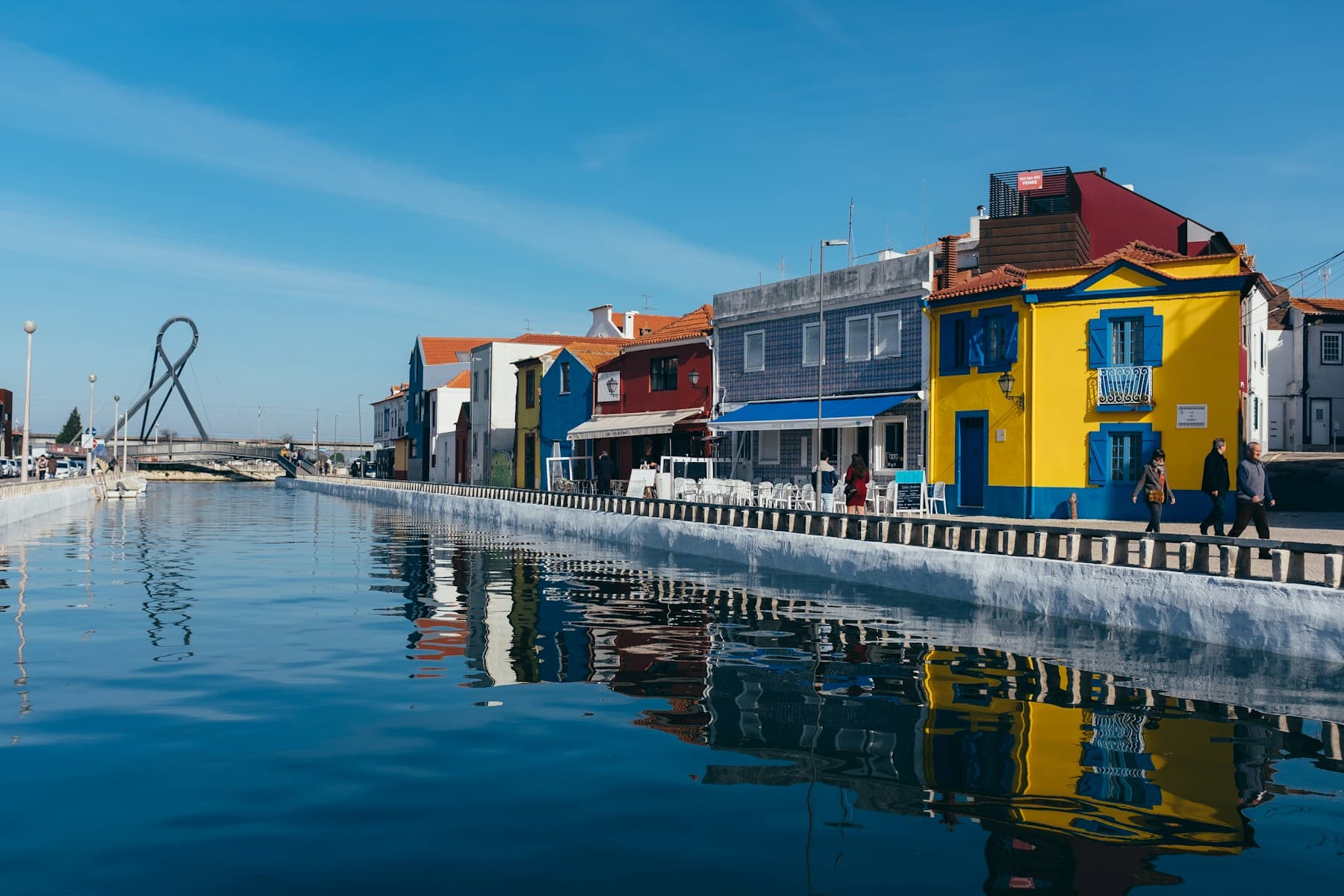 Colourful houses reflected in an Aveiro canal